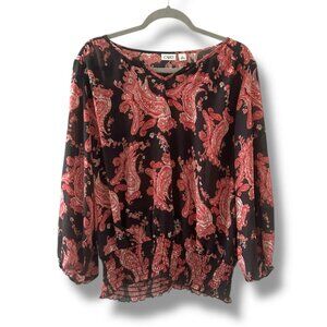 Cato Black Red Paisley V-Neck Blouse Women's Size XL Contemporary Modest Boho